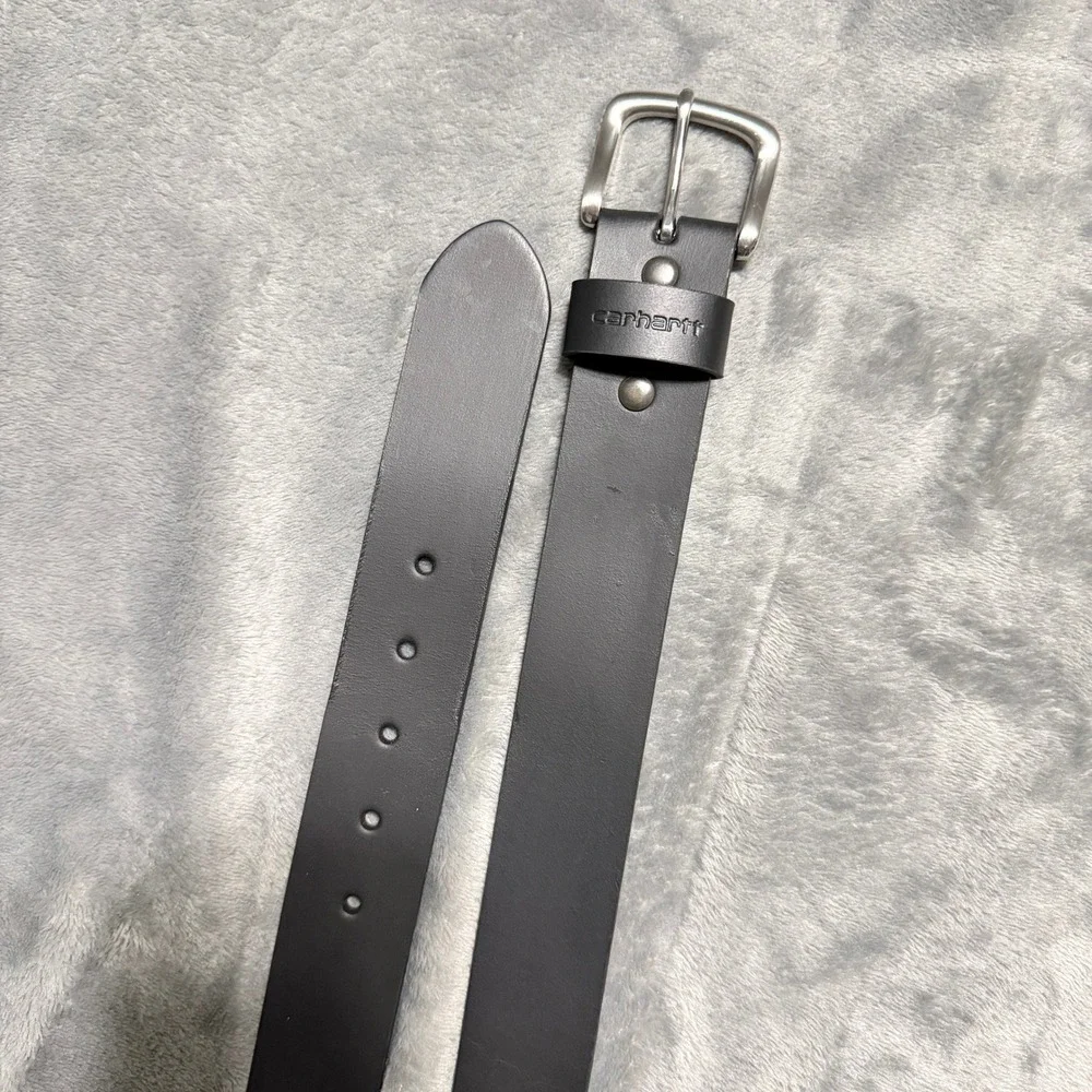 Carhartt Mens Size 42 Black Full Grain Leather Belt Silver Buckle Classic